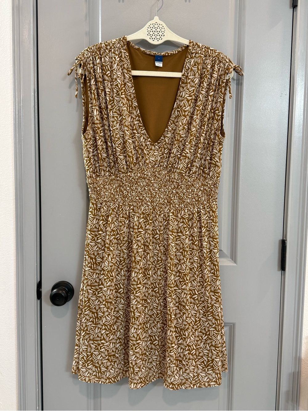 Old Navy Brown & White V-Neck Smocked Mini Dress with Tie Shoulders